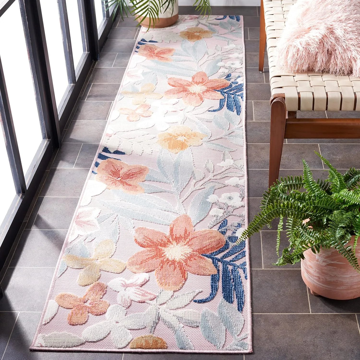 SAFAVIEH Cabana Collection Runner Rug - 2' x 9', Pink & Grey, Floral Tropical Design, Non-Shedding & Easy Care, Indoor/Outdoor & Washable-Ideal for Patio, Backyard, Mudroom (CBN454F)