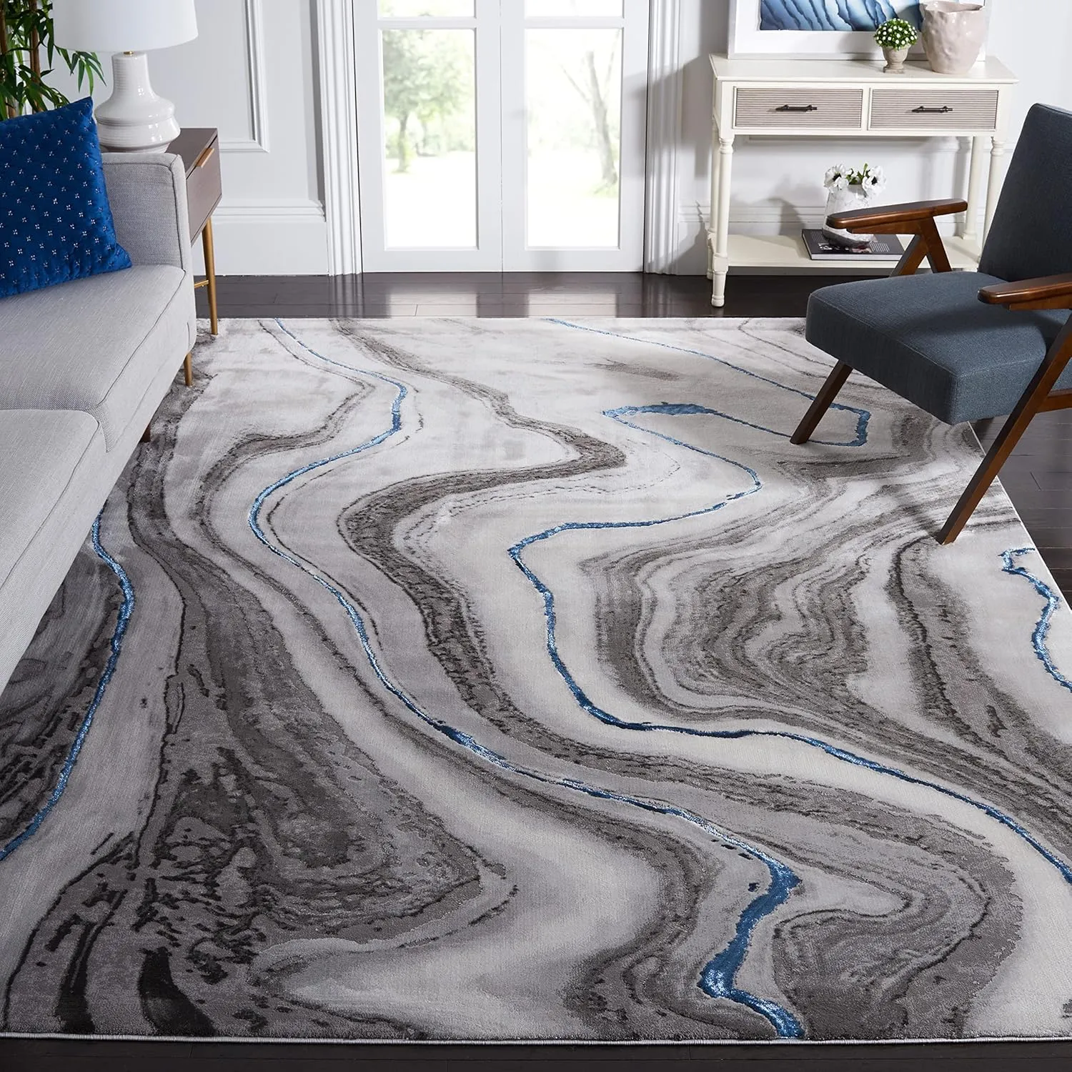 SAFAVIEH Craft Collection Area Rug - 6'7" x 9', Grey & Blue, Modern Abstract Design, Non-Shedding & Easy Care, Ideal for High Traffic Areas in Living Room, Bedroom (CFT819N)