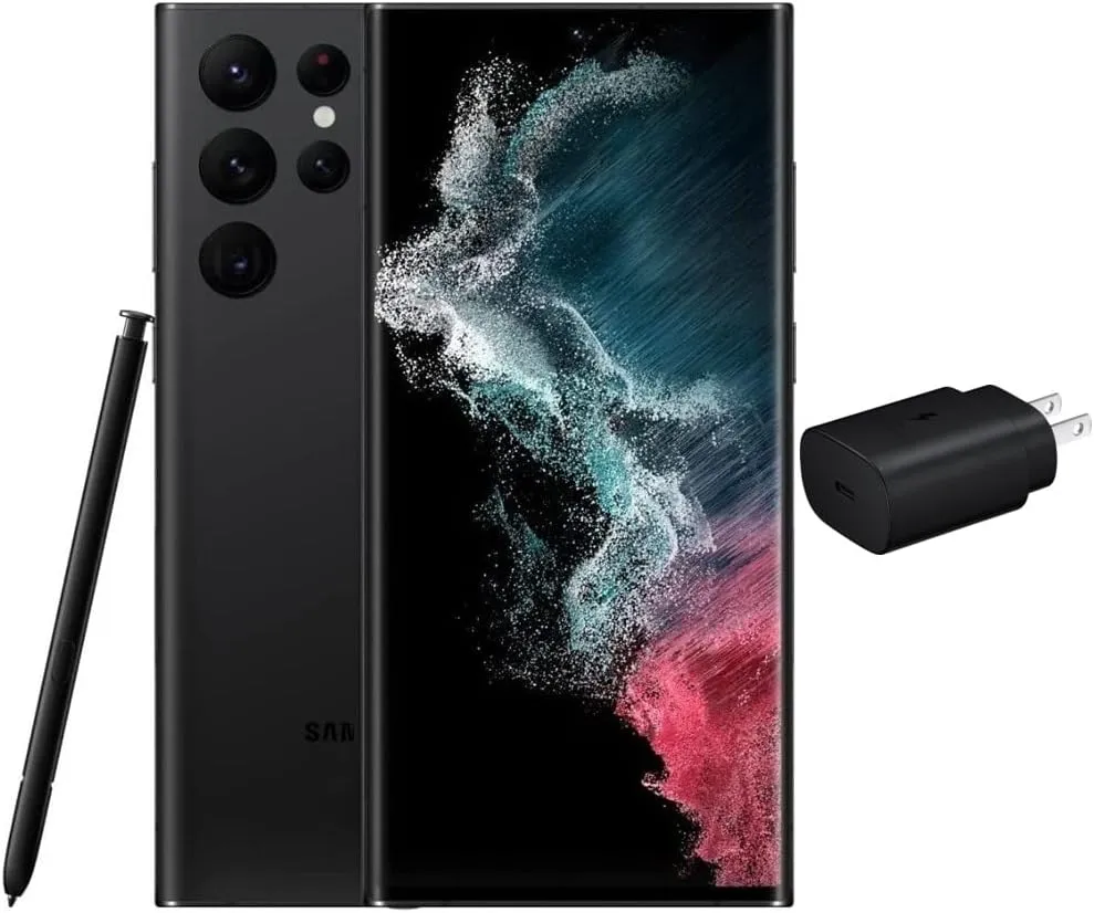 SAMSUNG Galaxy S22 Ultra 5G (128GB, 8GB) 6.8'' AMOLED 2X, 108MP Camera, Global Volte (Fully Unlocked for AT&T, Verizon, T-Mobile, Global) G908U1 (w/ 25W Super Fast Charger, Phantom Black) (Renewed)