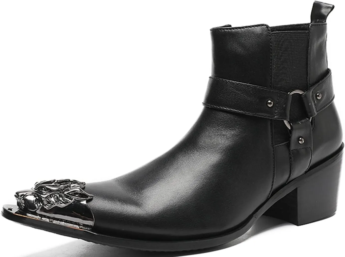 Santimon Mens Chelsea Boots Casual Dress Ankle Boots Genunie Leather Metal Wingtip Toe Cowboys Boots Fashion Prom Wedding Tuxedo Ballroom Party Disco Zipper on Side Western Boots for Men