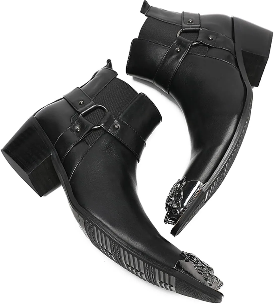 Santimon Mens Chelsea Boots Casual Dress Ankle Boots Genunie Leather Metal Wingtip Toe Cowboys Boots Fashion Prom Wedding Tuxedo Ballroom Party Disco Zipper on Side Western Boots for Men