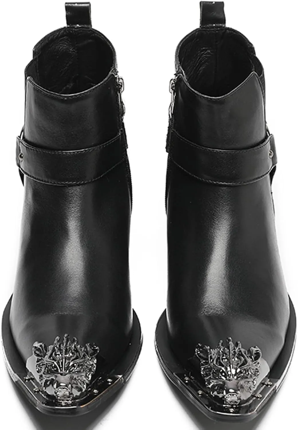 Santimon Mens Chelsea Boots Casual Dress Ankle Boots Genunie Leather Metal Wingtip Toe Cowboys Boots Fashion Prom Wedding Tuxedo Ballroom Party Disco Zipper on Side Western Boots for Men