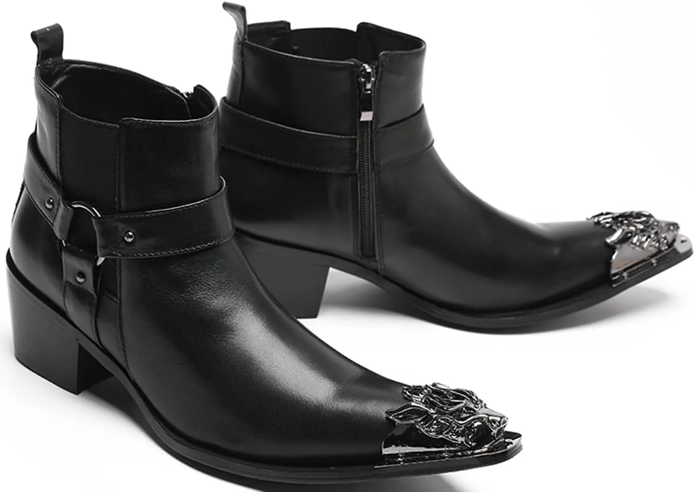 Santimon Mens Chelsea Boots Casual Dress Ankle Boots Genunie Leather Metal Wingtip Toe Cowboys Boots Fashion Prom Wedding Tuxedo Ballroom Party Disco Zipper on Side Western Boots for Men