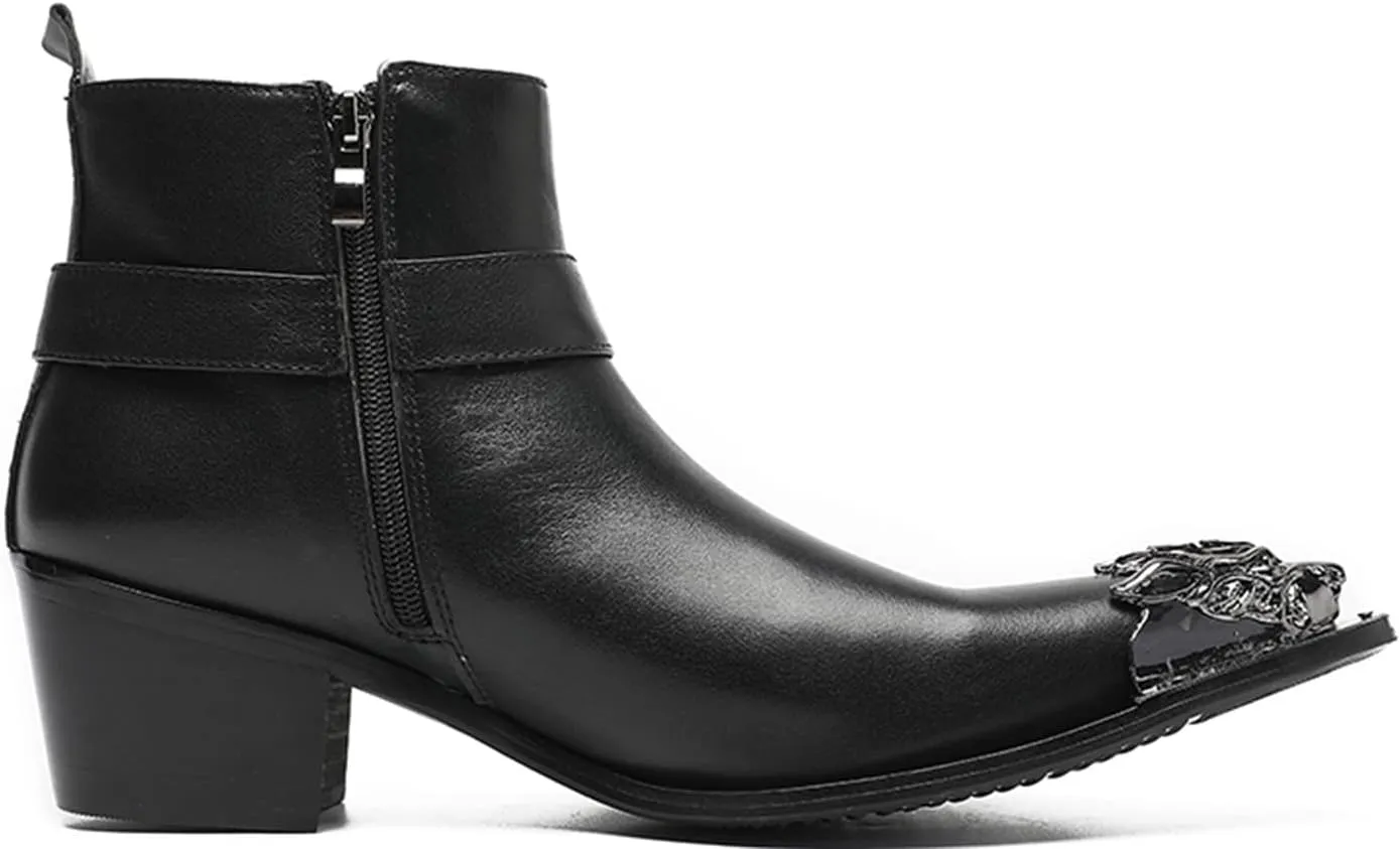 Santimon Mens Chelsea Boots Casual Dress Ankle Boots Genunie Leather Metal Wingtip Toe Cowboys Boots Fashion Prom Wedding Tuxedo Ballroom Party Disco Zipper on Side Western Boots for Men
