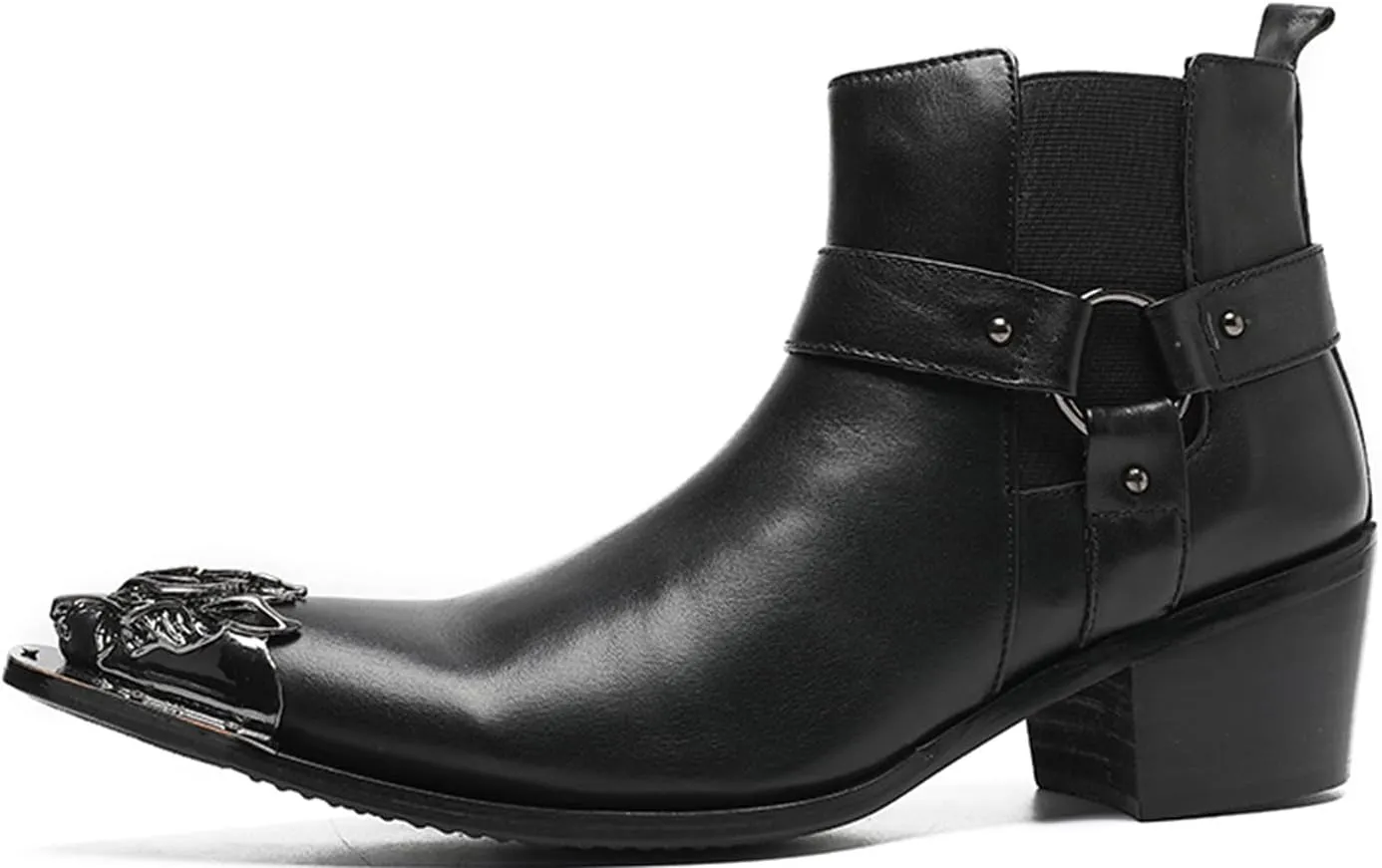 Santimon Mens Chelsea Boots Casual Dress Ankle Boots Genunie Leather Metal Wingtip Toe Cowboys Boots Fashion Prom Wedding Tuxedo Ballroom Party Disco Zipper on Side Western Boots for Men