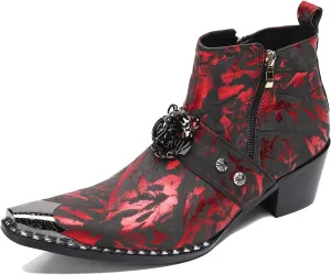 Santimon Men's Genuine Leather Chelsea Boots - Dress & Casual Ankle Boots with Metal Pointed-Toe, Double Zipper & Tiger Design - Western Cowboy Boots for Wedding, Prom, Party & Tuxedo