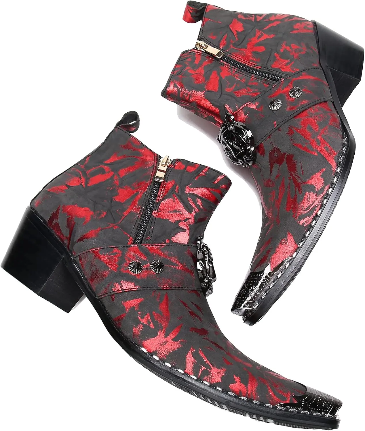 Santimon Men's Genuine Leather Chelsea Boots - Dress & Casual Ankle Boots with Metal Pointed-Toe, Double Zipper & Tiger Design - Western Cowboy Boots for Wedding, Prom, Party & Tuxedo