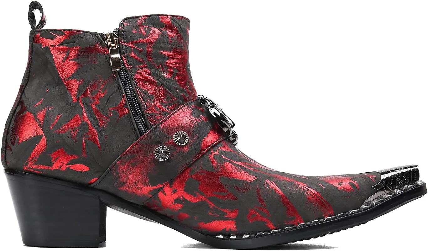 Santimon Men's Genuine Leather Chelsea Boots - Dress & Casual Ankle Boots with Metal Pointed-Toe, Double Zipper & Tiger Design - Western Cowboy Boots for Wedding, Prom, Party & Tuxedo