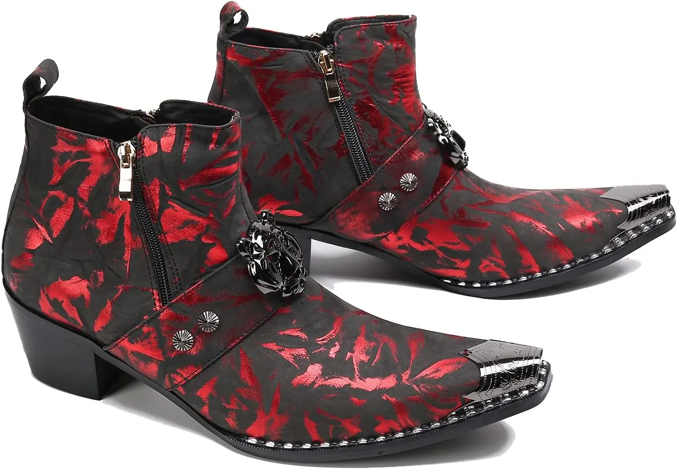 Santimon Men's Genuine Leather Chelsea Boots - Dress & Casual Ankle Boots with Metal Pointed-Toe, Double Zipper & Tiger Design - Western Cowboy Boots for Wedding, Prom, Party & Tuxedo