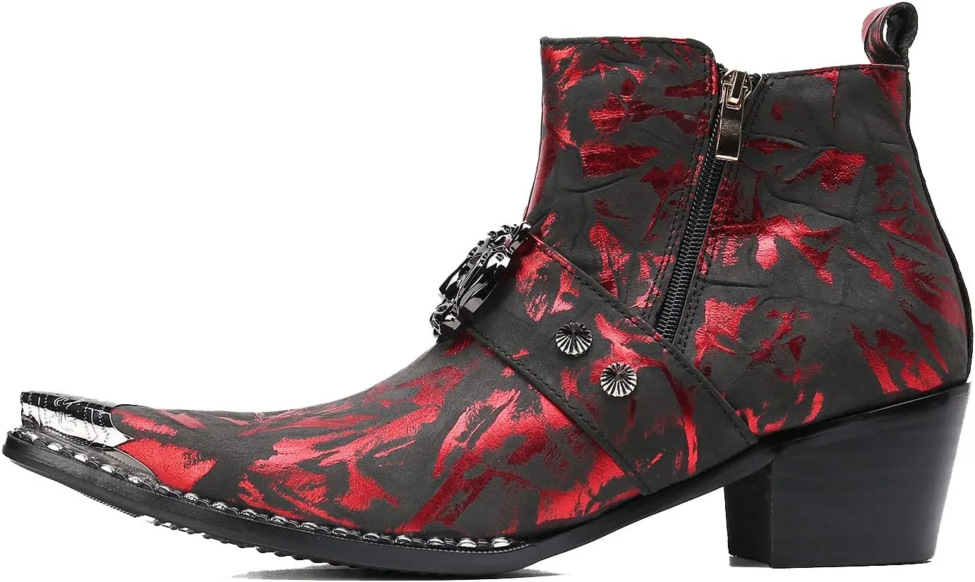 Santimon Men's Genuine Leather Chelsea Boots - Dress & Casual Ankle Boots with Metal Pointed-Toe, Double Zipper & Tiger Design - Western Cowboy Boots for Wedding, Prom, Party & Tuxedo
