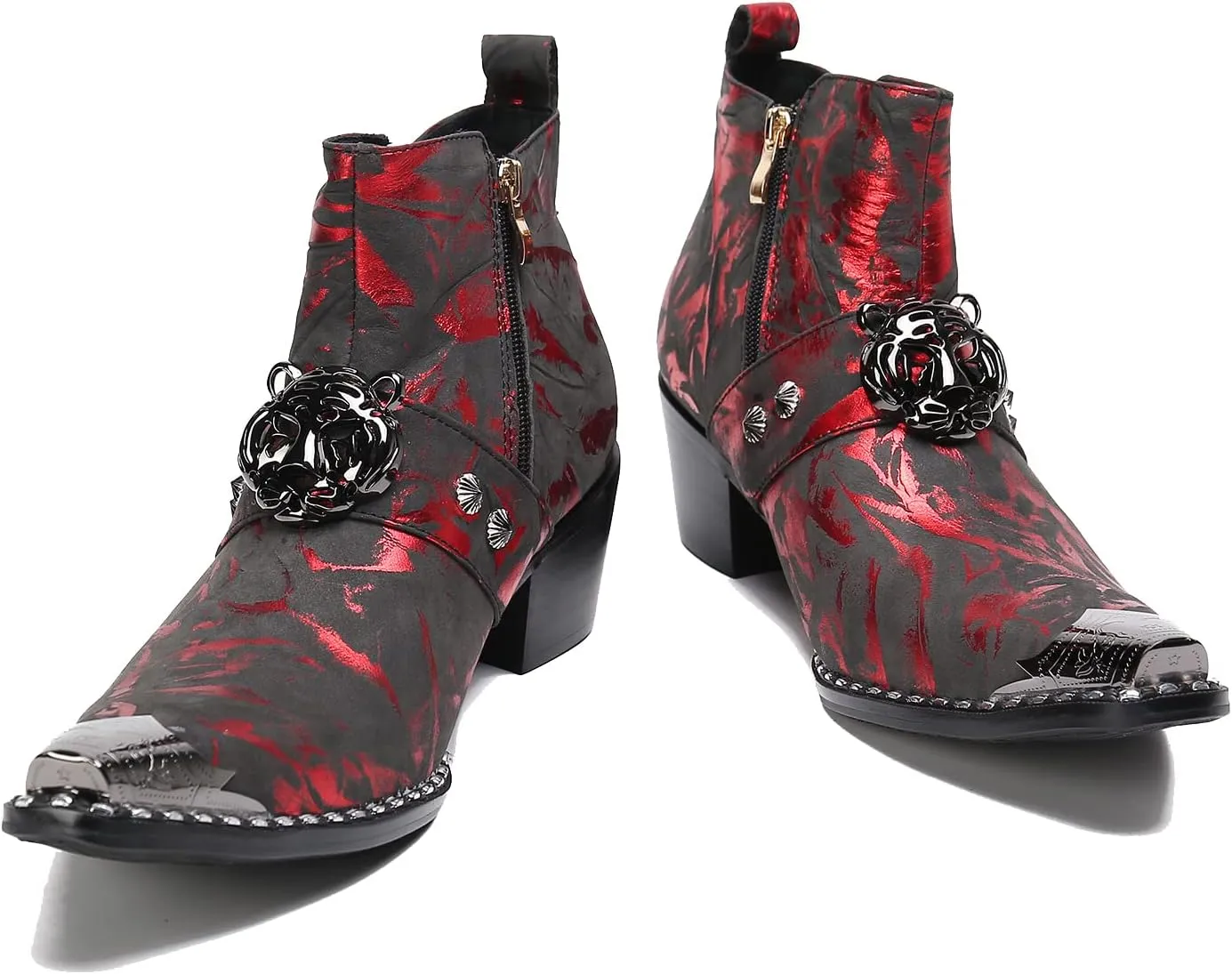 Santimon Men's Genuine Leather Chelsea Boots - Dress & Casual Ankle Boots with Metal Pointed-Toe, Double Zipper & Tiger Design - Western Cowboy Boots for Wedding, Prom, Party & Tuxedo
