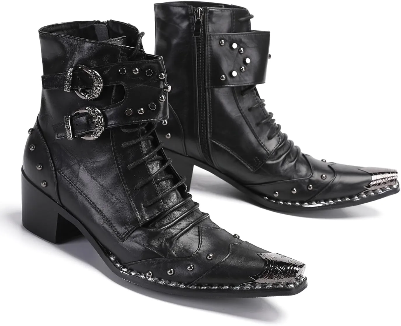 Santimon Men's Genuine Leather Cowboy Boots – Western Dress Boots with Metal Wingtip Toe & Buckle/Bead Details | Mid-Top Boots for Casual, Party & Motorcycle Wear | Rock, Prom & Ballroom Style