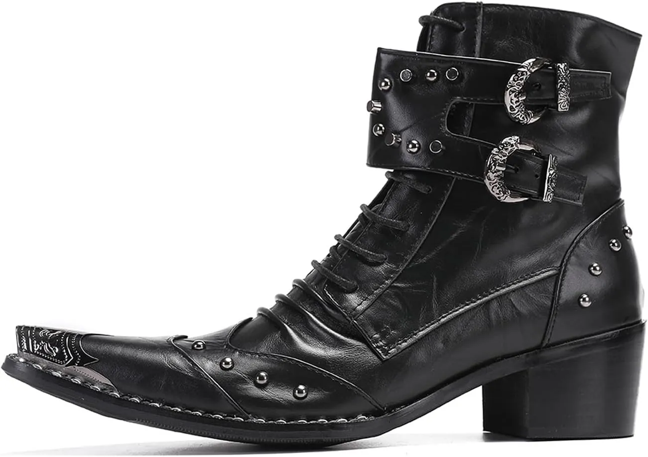 Santimon Men's Genuine Leather Cowboy Boots – Western Dress Boots with Metal Wingtip Toe & Buckle/Bead Details | Mid-Top Boots for Casual, Party & Motorcycle Wear | Rock, Prom & Ballroom Style