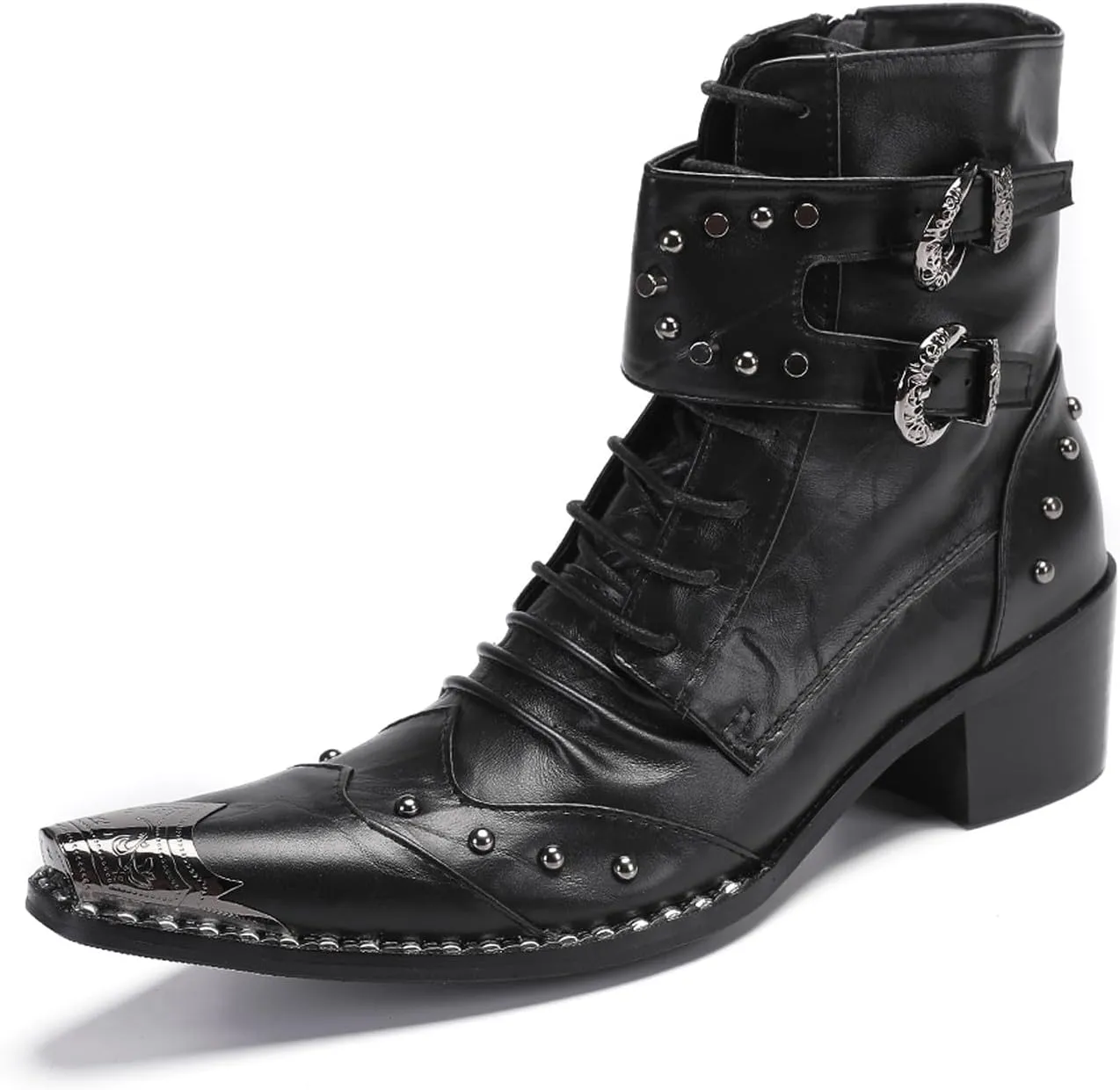 Santimon Men's Genuine Leather Cowboy Boots – Western Dress Boots with Metal Wingtip Toe & Buckle/Bead Details | Mid-Top Boots for Casual, Party & Motorcycle Wear | Rock, Prom & Ballroom Style