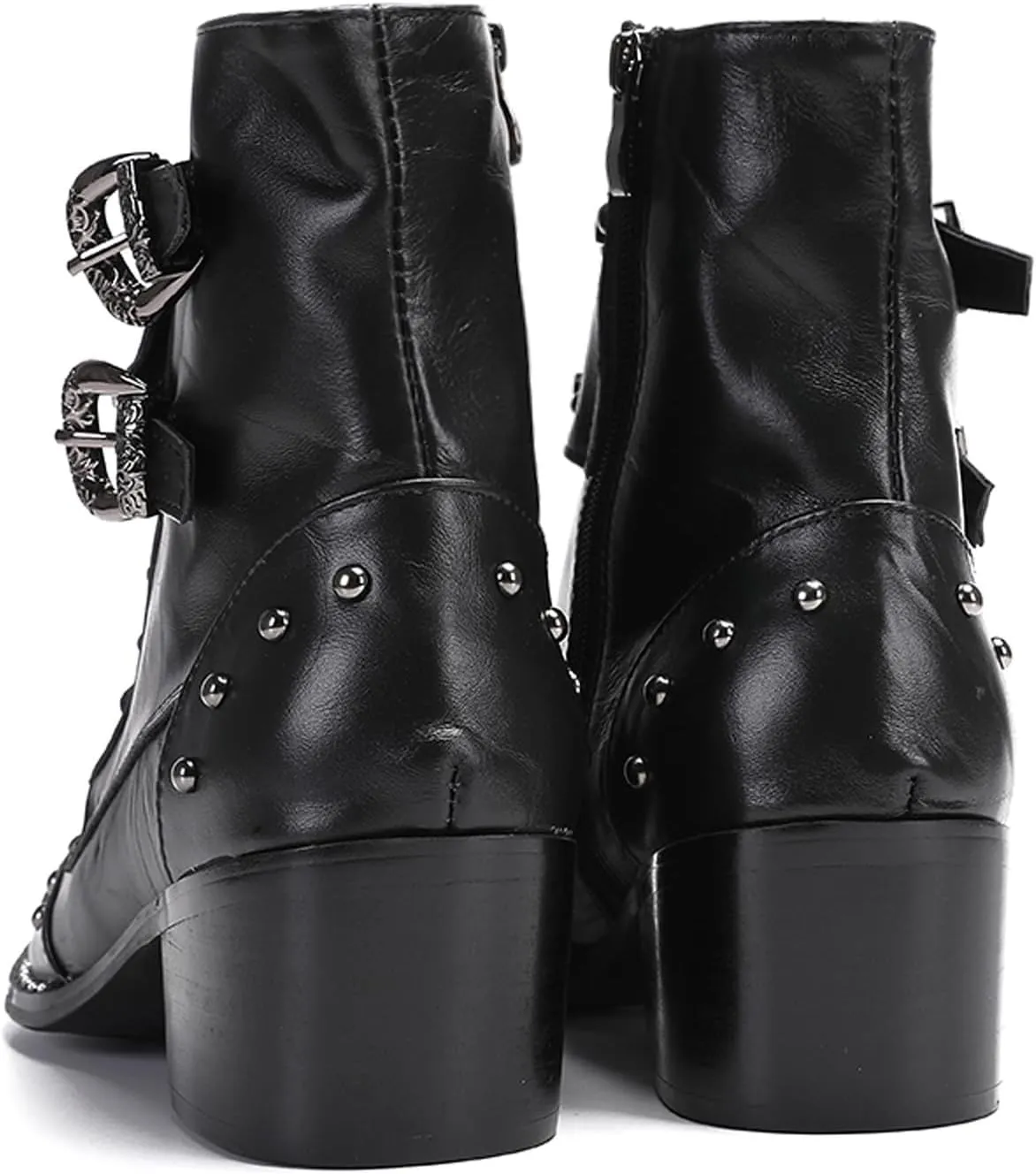 Santimon Men's Genuine Leather Cowboy Boots – Western Dress Boots with Metal Wingtip Toe & Buckle/Bead Details | Mid-Top Boots for Casual, Party & Motorcycle Wear | Rock, Prom & Ballroom Style