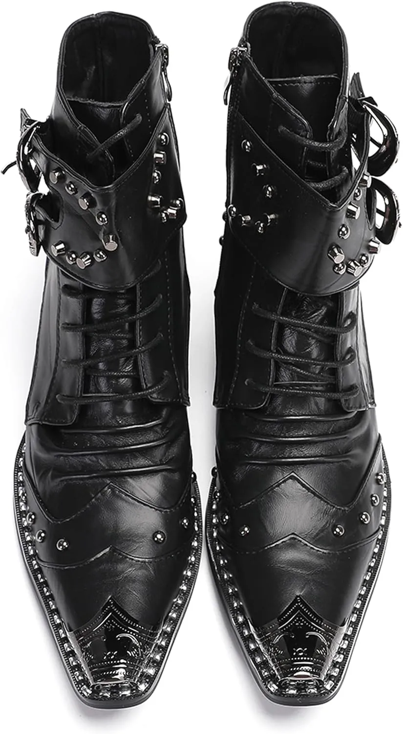 Santimon Men's Genuine Leather Cowboy Boots – Western Dress Boots with Metal Wingtip Toe & Buckle/Bead Details | Mid-Top Boots for Casual, Party & Motorcycle Wear | Rock, Prom & Ballroom Style