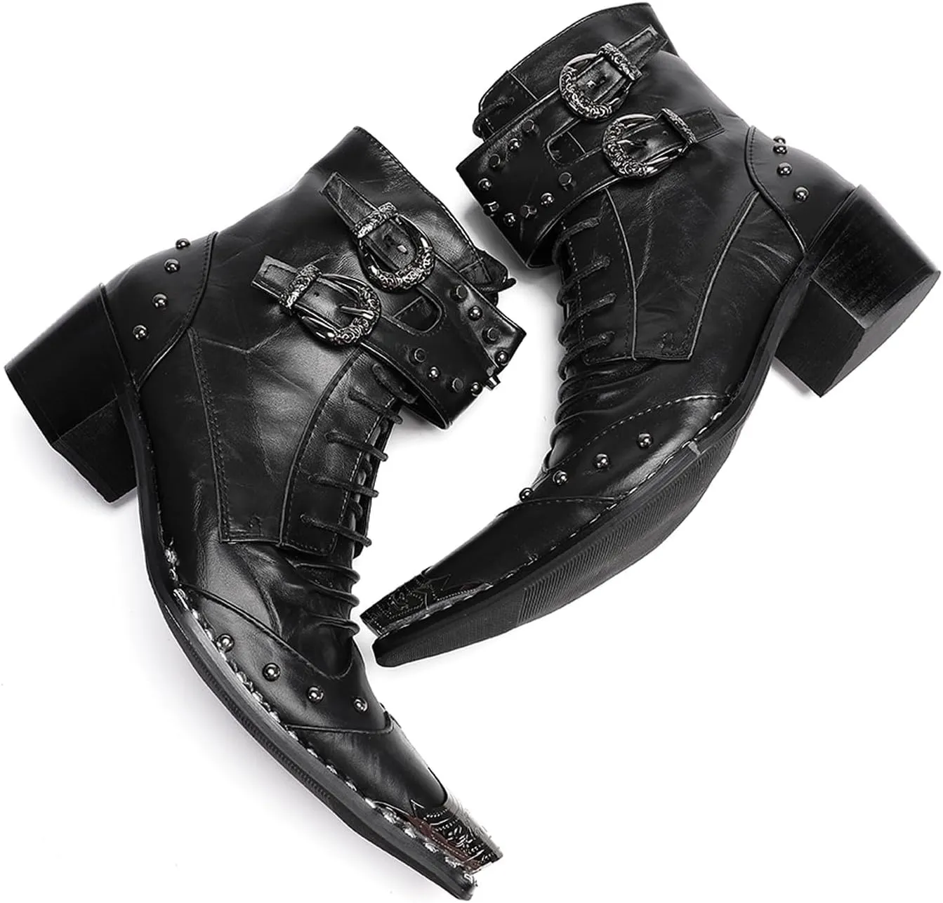 Santimon Men's Genuine Leather Cowboy Boots – Western Dress Boots with Metal Wingtip Toe & Buckle/Bead Details | Mid-Top Boots for Casual, Party & Motorcycle Wear | Rock, Prom & Ballroom Style