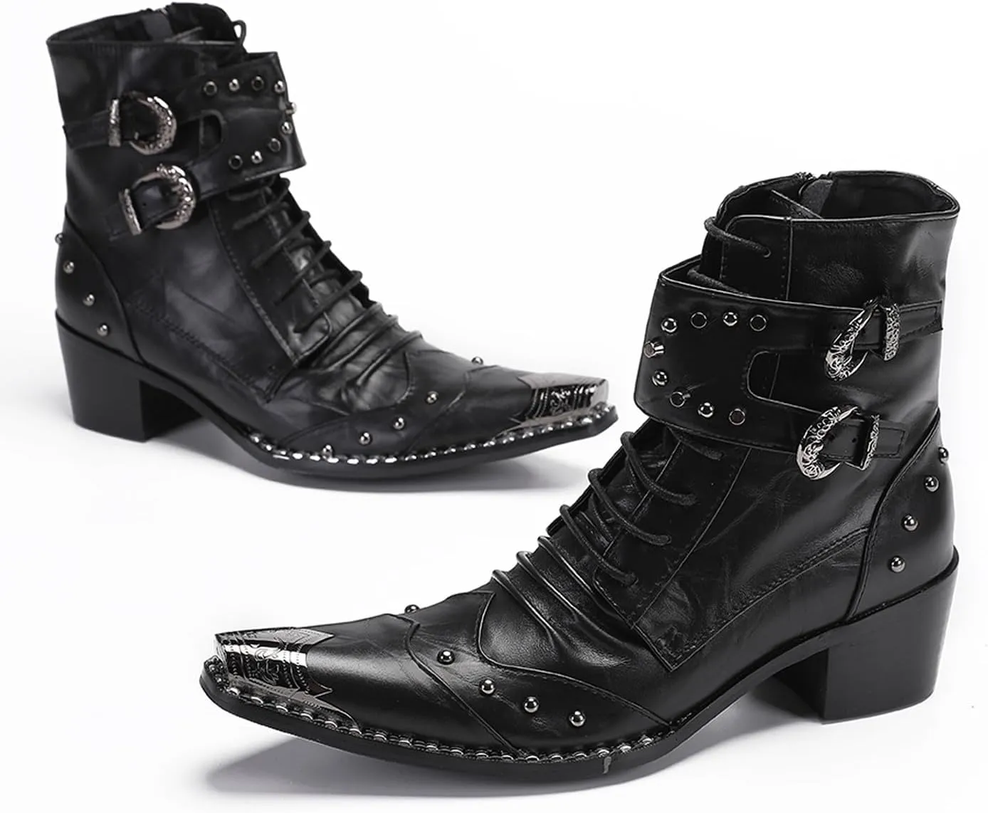 Santimon Men's Genuine Leather Cowboy Boots – Western Dress Boots with Metal Wingtip Toe & Buckle/Bead Details | Mid-Top Boots for Casual, Party & Motorcycle Wear | Rock, Prom & Ballroom Style