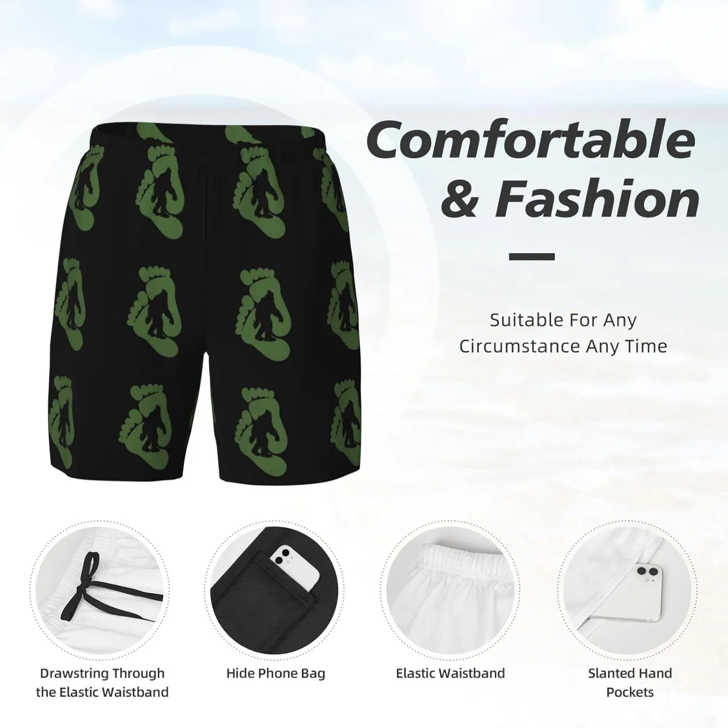 Sasquatch Men's Double Layer Swim Trunks Beach Shorts with Compression Liner Swimwear