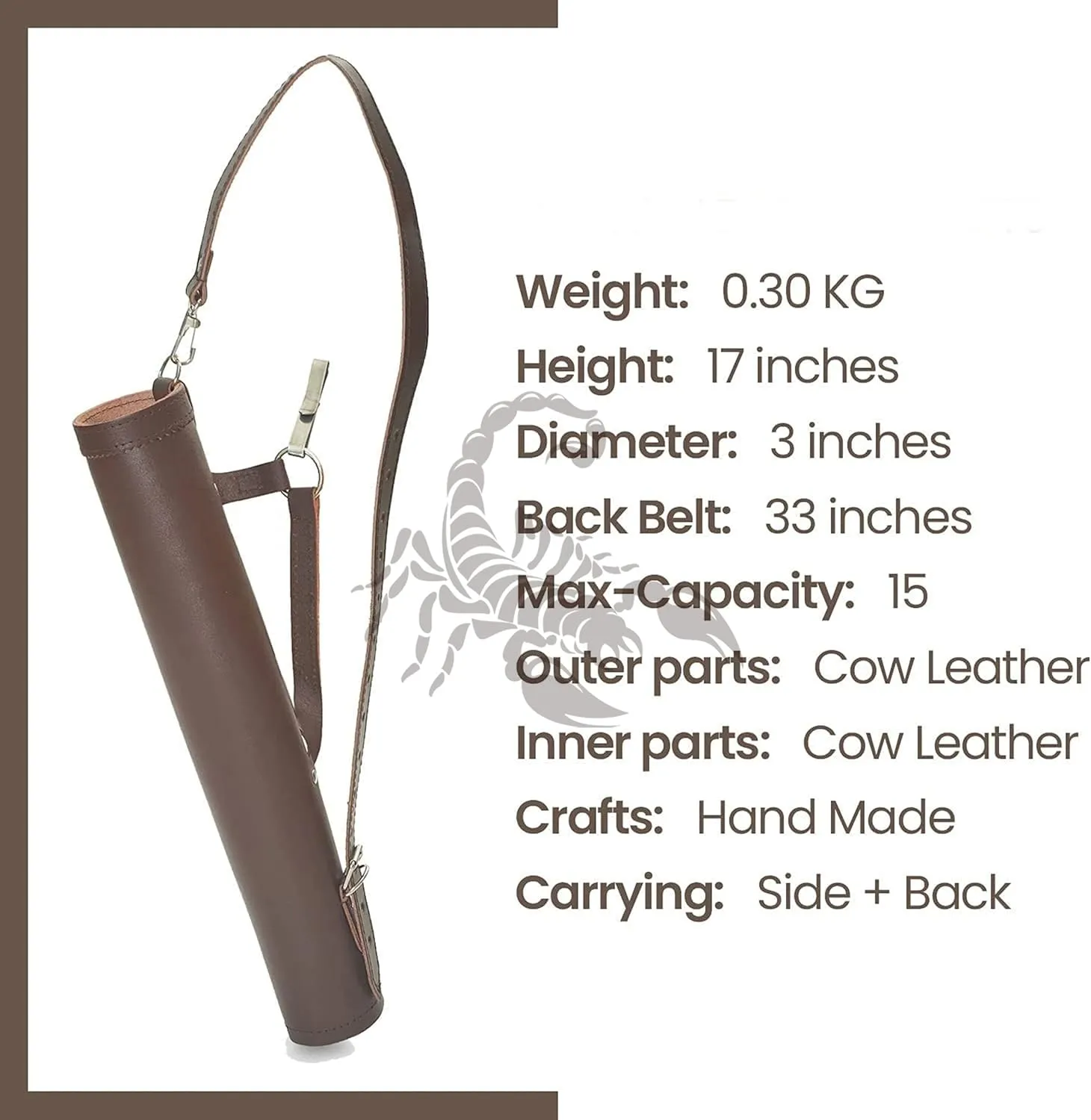 Scorpion Archery Back Arrow Quiver - Genuine Leather Arrow Case - Traditional Handmade Archery Quiver for Hunting & Target Practicing - Adjustable Lightweight & Comfortable Cow Leather