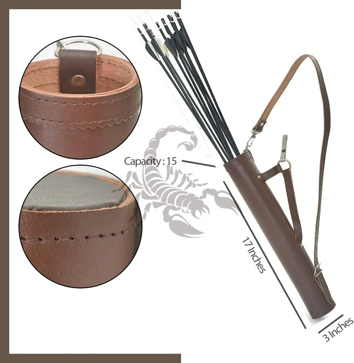 Scorpion Archery Back Arrow Quiver - Genuine Leather Arrow Case - Traditional Handmade Archery Quiver for Hunting & Target Practicing - Adjustable Lightweight & Comfortable Cow Leather
