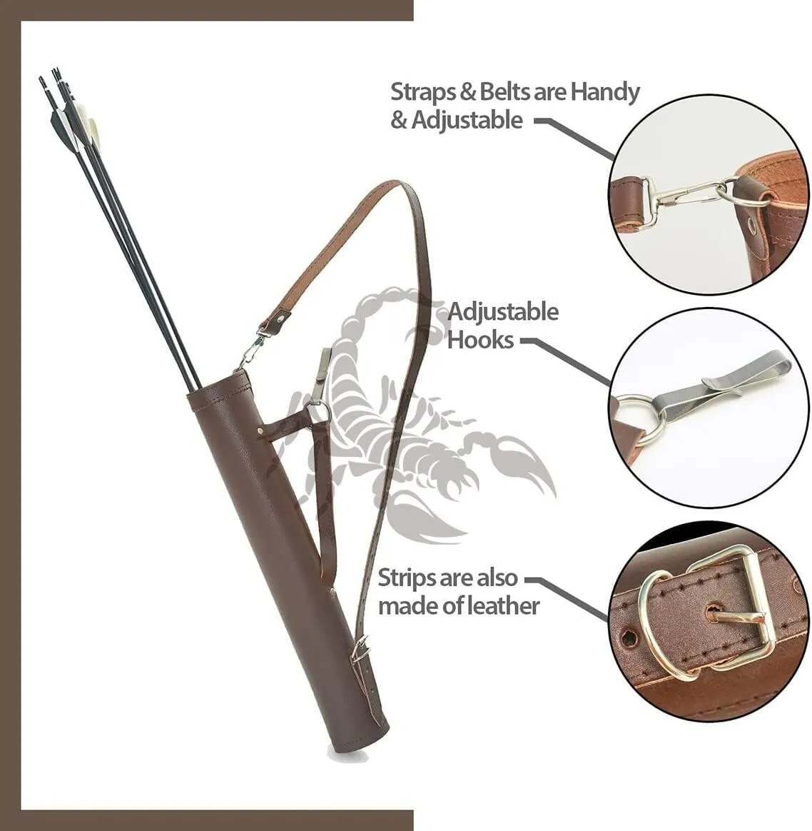 Scorpion Archery Back Arrow Quiver - Genuine Leather Arrow Case - Traditional Handmade Archery Quiver for Hunting & Target Practicing - Adjustable Lightweight & Comfortable Cow Leather