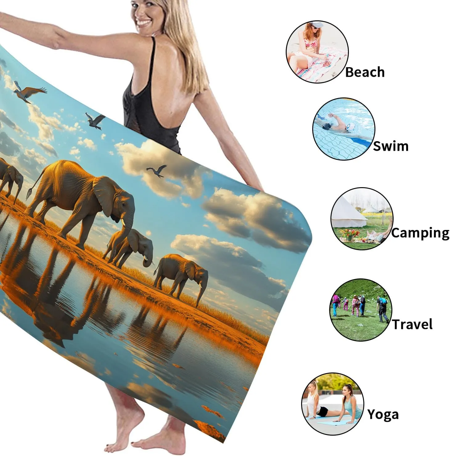 Serene Sunset Elephants Beach Towel Microfiber Orange Wildlife Bath Towel, Quick Dry Absorbent Soft Lightweight Picnic Essentials, Camping Travel Pool Outdoor Blanket 62x31 Inch