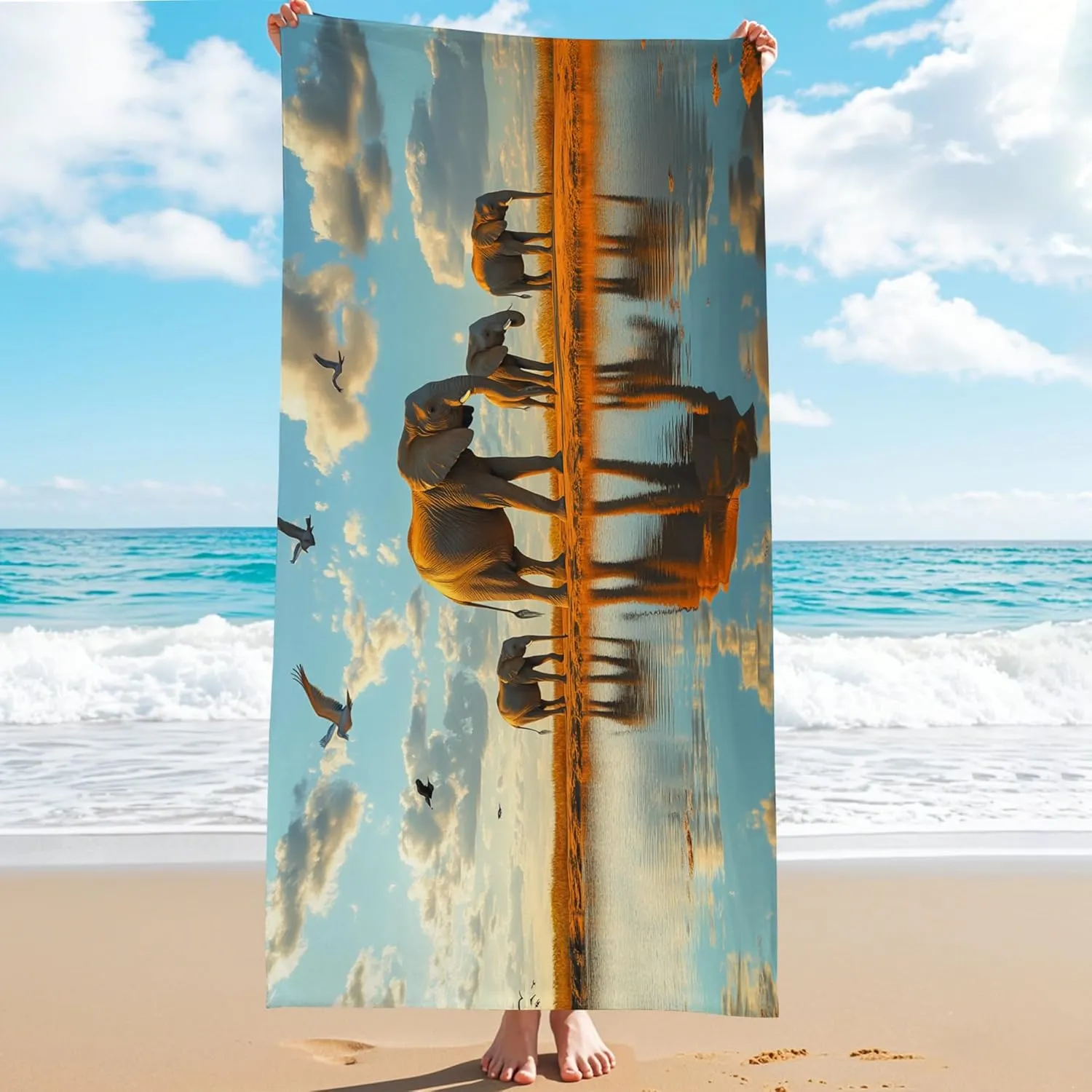Serene Sunset Elephants Beach Towel Microfiber Orange Wildlife Bath Towel, Quick Dry Absorbent Soft Lightweight Picnic Essentials, Camping Travel Pool Outdoor Blanket 62x31 Inch