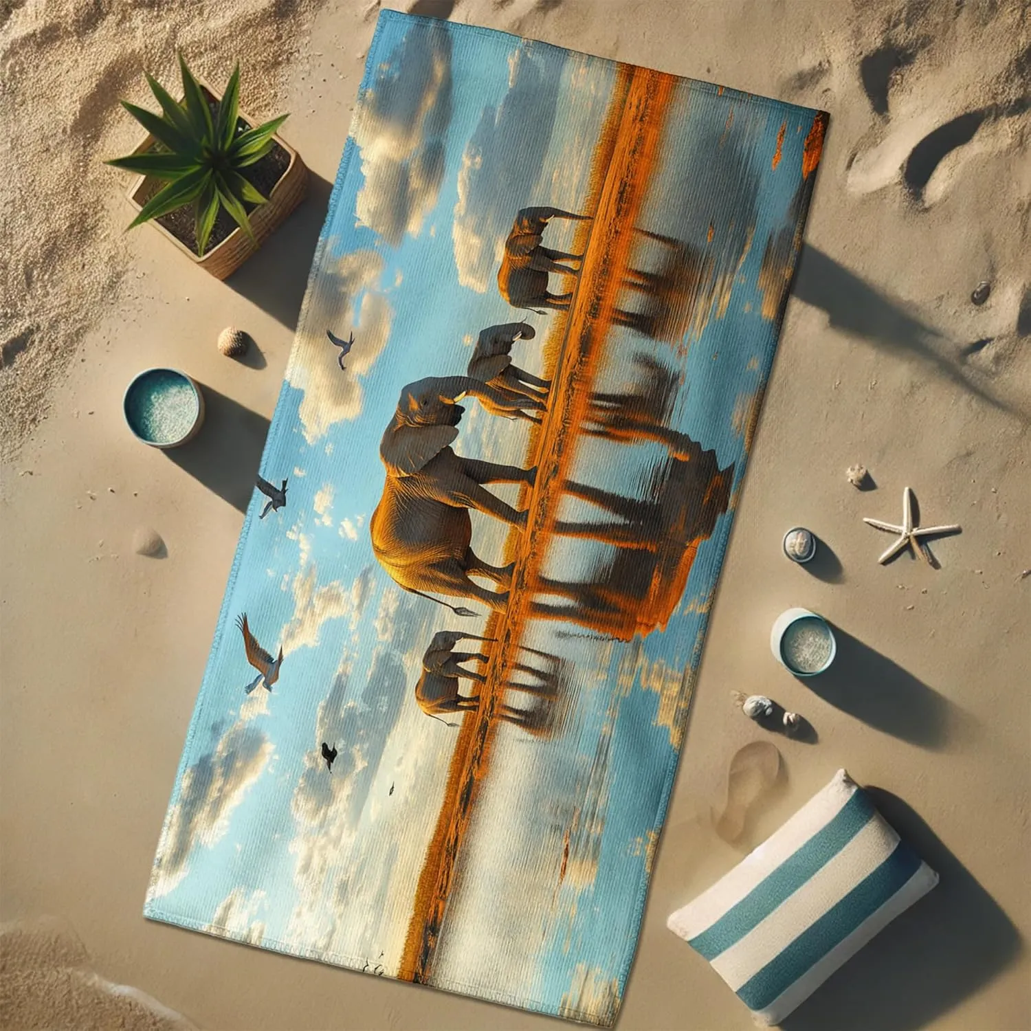 Serene Sunset Elephants Beach Towel Microfiber Orange Wildlife Bath Towel, Quick Dry Absorbent Soft Lightweight Picnic Essentials, Camping Travel Pool Outdoor Blanket 62x31 Inch