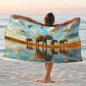 Serene Sunset Elephants Beach Towel Microfiber Orange Wildlife Bath Towel, Quick Dry Absorbent Soft Lightweight Picnic Essentials, Camping Travel Pool Outdoor Blanket 62x31 Inch
