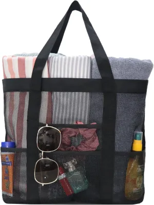 Share Maison Extra Large Mesh Beach Tote Bag for Women 9 Pockets Shoulder Handbag Foldable Pool Bag for Travel, Vacation