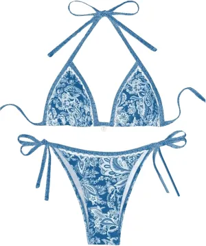 SHENHE Women's 2 Piece Halter Swimsuit Textured Tie Side Triangle Bikini Bathing Suit