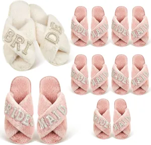 Shihanee 7 Pairs Bride and Bridesmaid Slippers Set Fuzzy White Pink Bridal Slippers Pearl Letter Open Toe for Bridal and Bachelorette Party Gifts