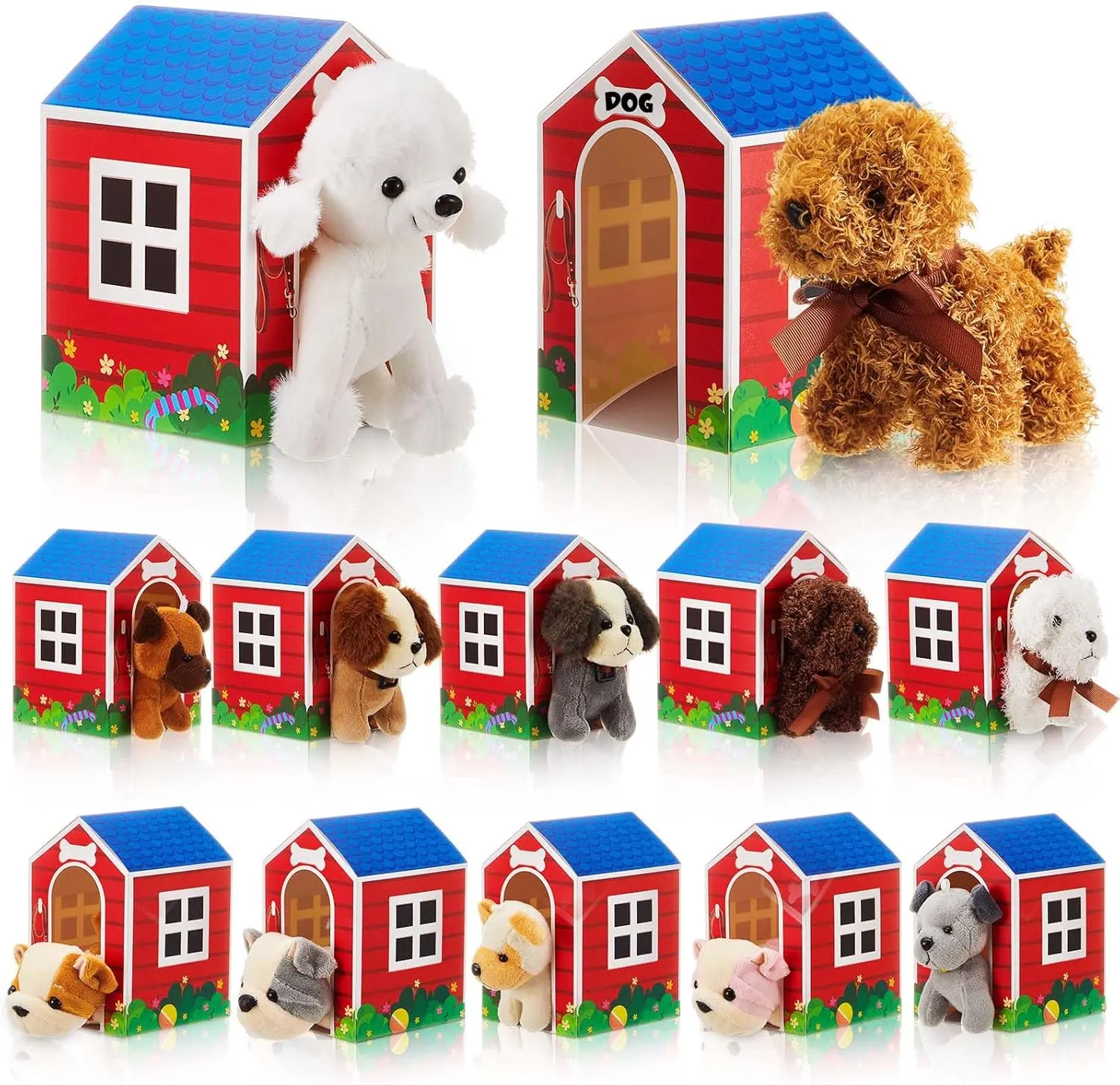 ShinyRelief 24 Pcs Adopt a Puppy Party Favors Bulk 12 Pcs Dog Party Favors Boxes 12 Pieces Mini Plush Dog Stuffed Animals for Birthday Thanksgiving Christmas Decoration Gifts(Pattern)