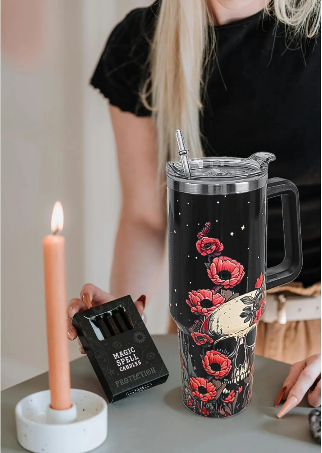 Skull Tumbler with Handle and Straw 40 oz Gothic Skull Coffee Travel Mug Goth Flowers Style Insulated Cup Water Bottle Halloween Goth Stuff Gifts Decor for Women
