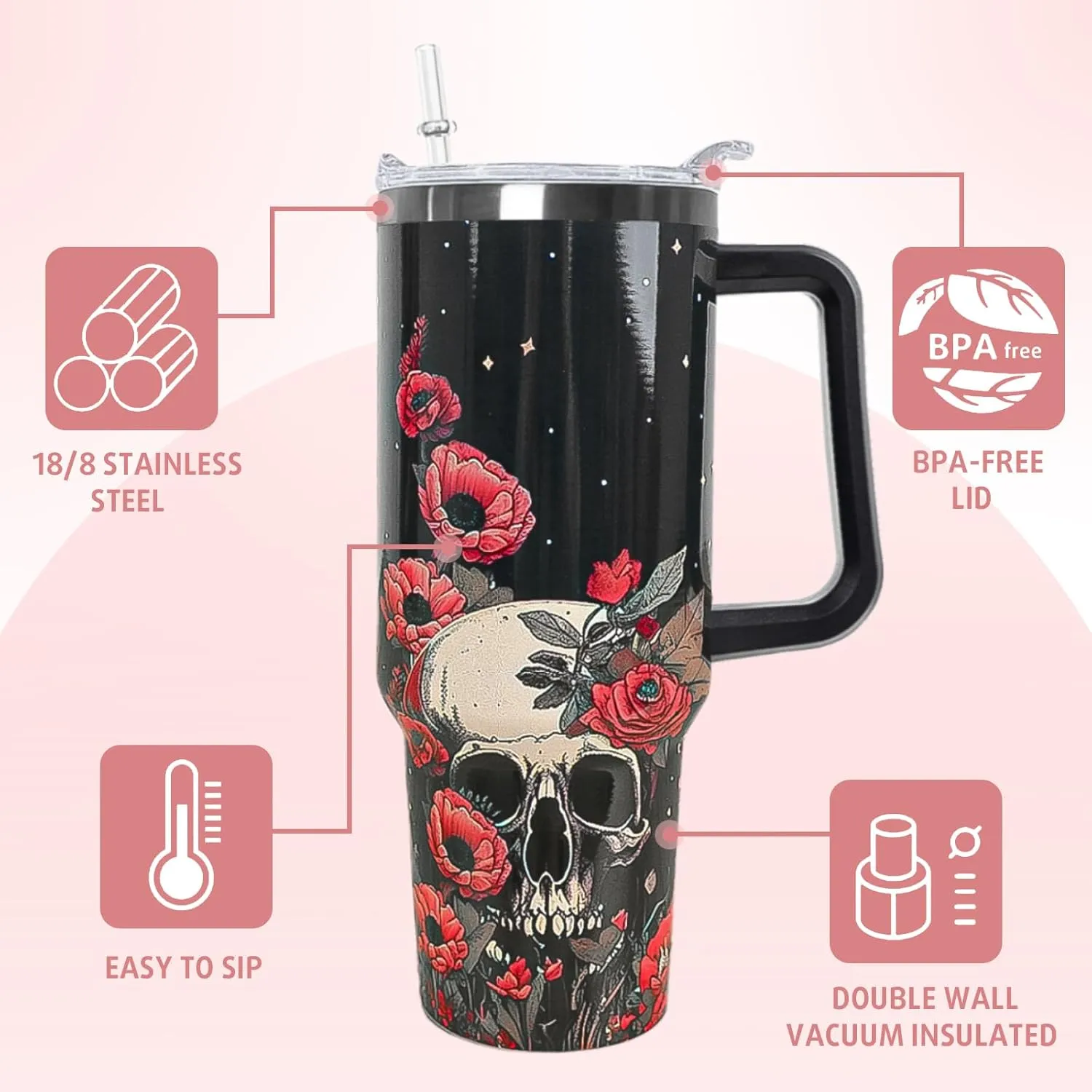 Skull Tumbler with Handle and Straw 40 oz Gothic Skull Coffee Travel Mug Goth Flowers Style Insulated Cup Water Bottle Halloween Goth Stuff Gifts Decor for Women