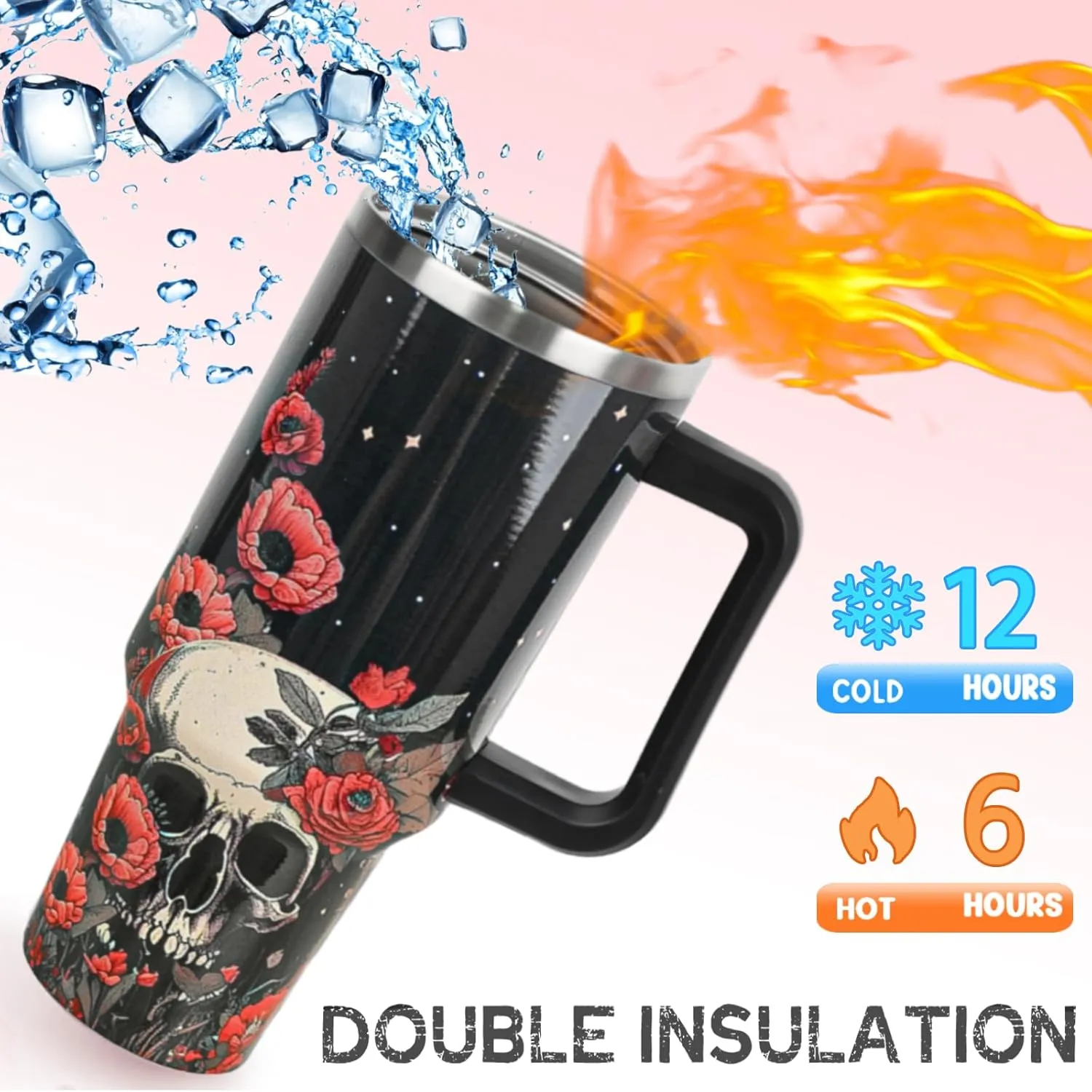 Skull Tumbler with Handle and Straw 40 oz Gothic Skull Coffee Travel Mug Goth Flowers Style Insulated Cup Water Bottle Halloween Goth Stuff Gifts Decor for Women