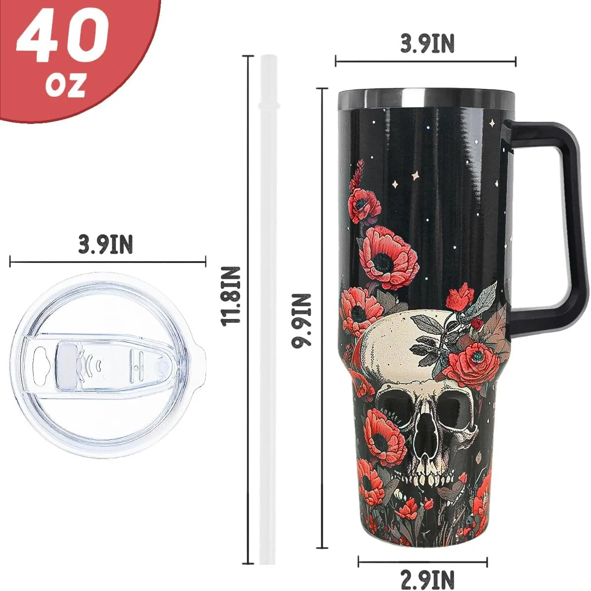 Skull Tumbler with Handle and Straw 40 oz Gothic Skull Coffee Travel Mug Goth Flowers Style Insulated Cup Water Bottle Halloween Goth Stuff Gifts Decor for Women