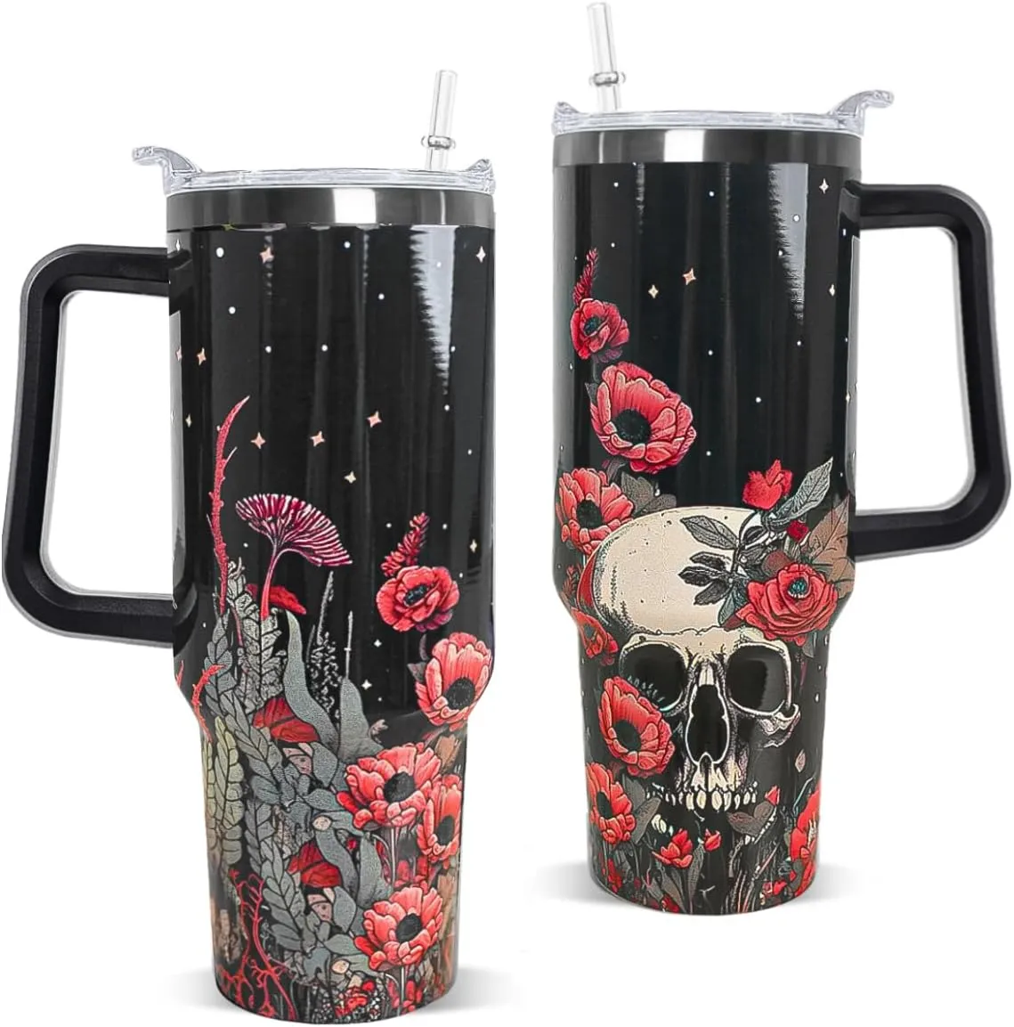 Skull Tumbler with Handle and Straw 40 oz Gothic Skull Coffee Travel Mug Goth Flowers Style Insulated Cup Water Bottle Halloween Goth Stuff Gifts Decor for Women