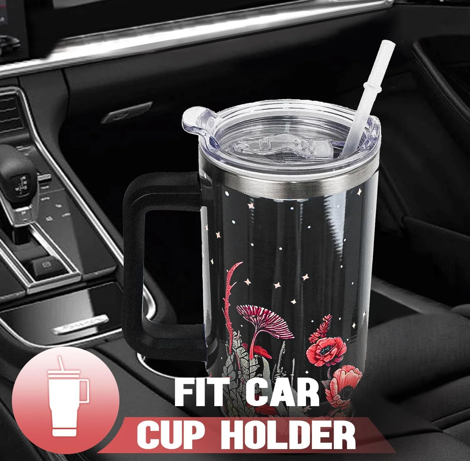 Skull Tumbler with Handle and Straw 40 oz Gothic Skull Coffee Travel Mug Goth Flowers Style Insulated Cup Water Bottle Halloween Goth Stuff Gifts Decor for Women