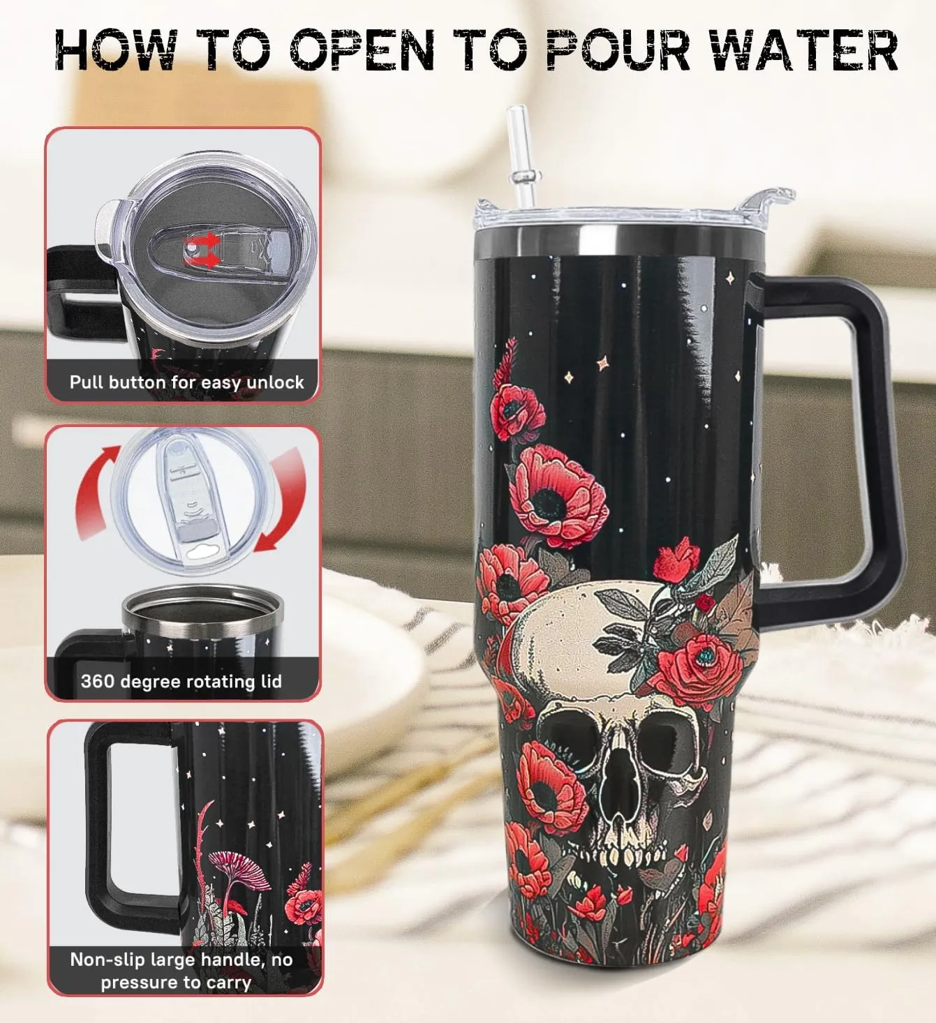Skull Tumbler with Handle and Straw 40 oz Gothic Skull Coffee Travel Mug Goth Flowers Style Insulated Cup Water Bottle Halloween Goth Stuff Gifts Decor for Women