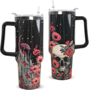Skull Tumbler with Handle and Straw 40 oz Gothic Skull Coffee Travel Mug Goth Flowers Style Insulated Cup Water Bottle Halloween Goth Stuff Gifts Decor for Women