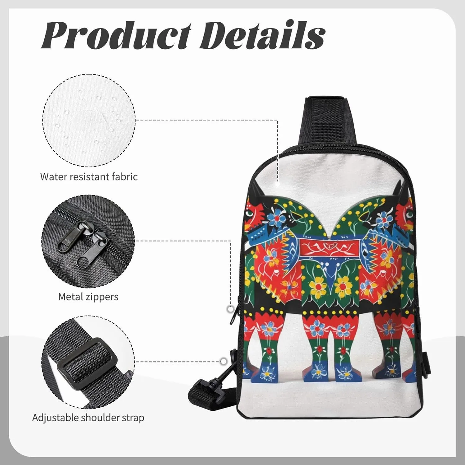 Sling Backpack Crossbody Sling Bag for Men Women Cross Chest Bag Runner Swedish Dala Horse Folk Shoulder Bag Travel Hiking Daypack