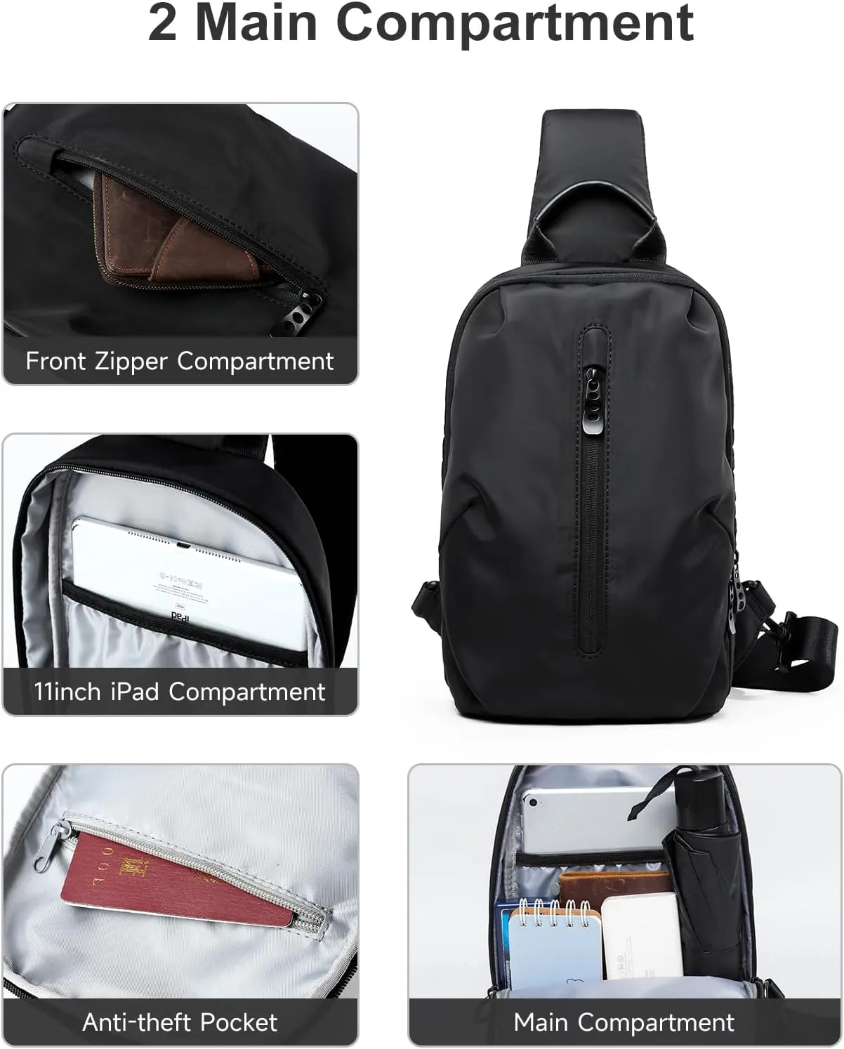 Sling Bag for Men Crossbody Side Bag Man Sling Backpack Waterproof Black for Hiking Travel