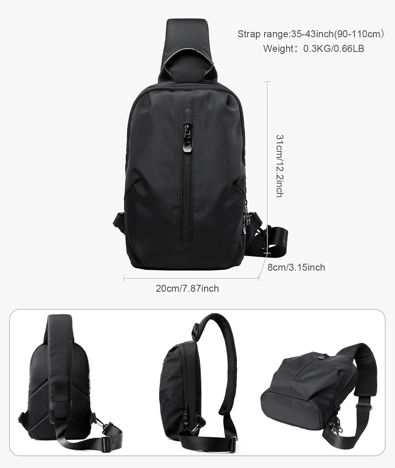 Sling Bag for Men Crossbody Side Bag Man Sling Backpack Waterproof Black for Hiking Travel