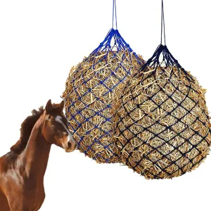 Slow Feed Hay Net Hay Feeder Hay Bags 2 Pcs for Horses Goat Stall Trailer Horse Feeding Supplies Adjustable Travel Feeder Large Capacity Feeding Bag(Black Blue)