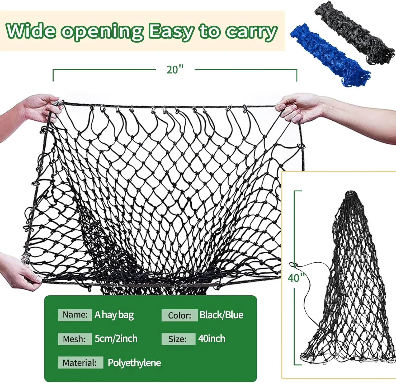 Slow Feed Hay Net Hay Feeder Hay Bags 2 Pcs for Horses Goat Stall Trailer Horse Feeding Supplies Adjustable Travel Feeder Large Capacity Feeding Bag(Black Blue)