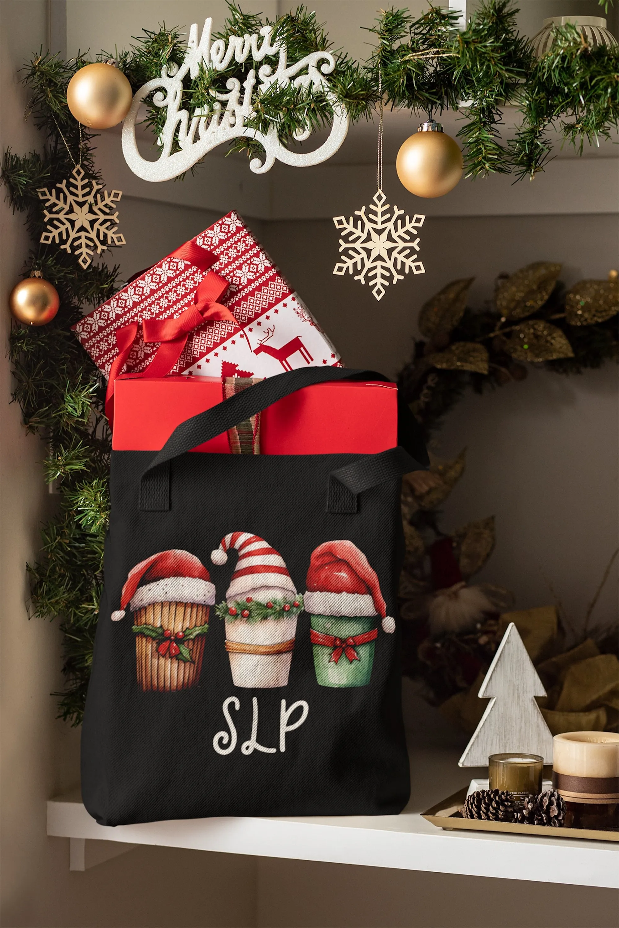 SLP Black Christmas Tote with Coffee & Santa Hat