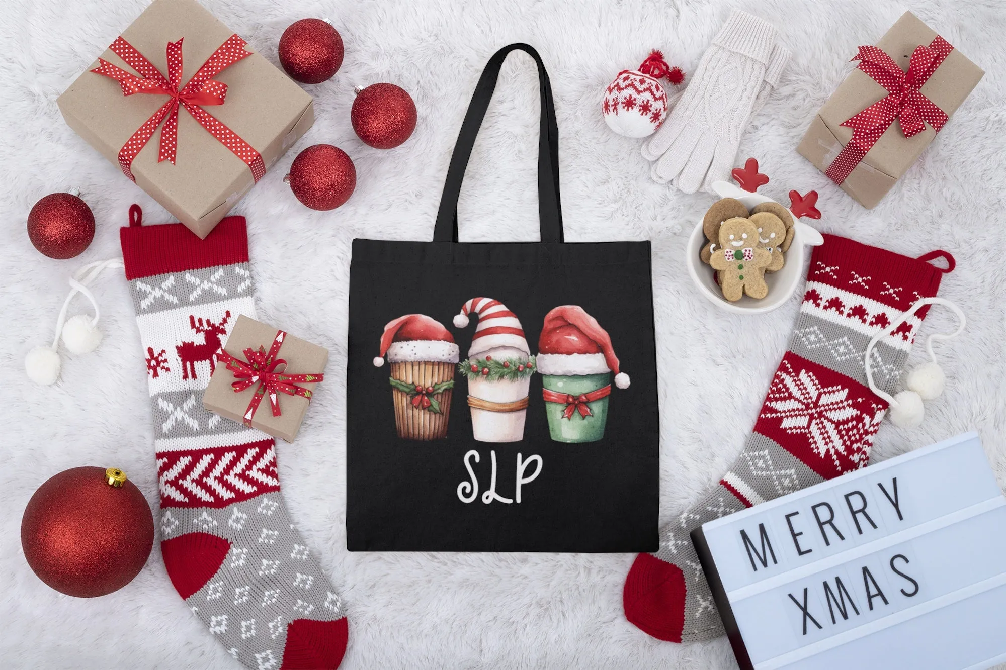 SLP Black Christmas Tote with Coffee & Santa Hat