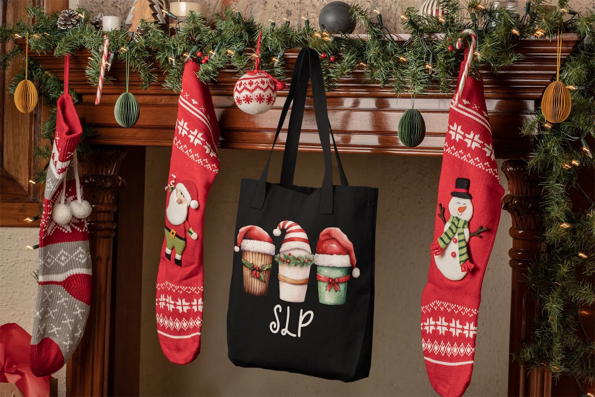 SLP Black Christmas Tote with Coffee & Santa Hat